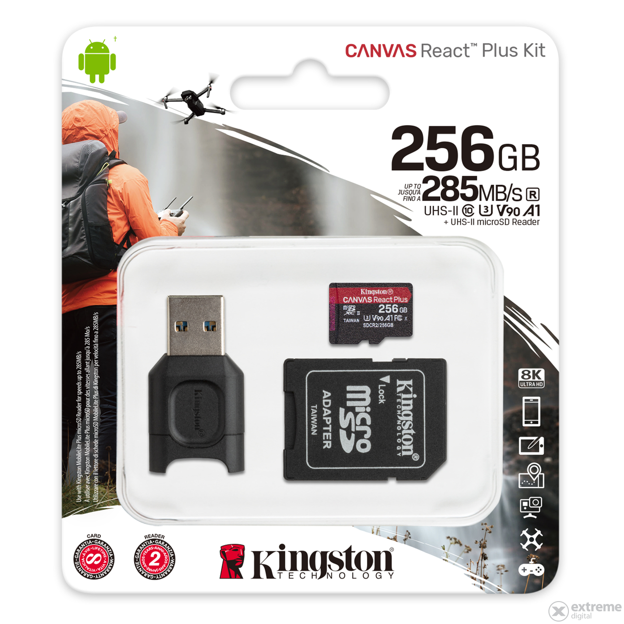 Kingston Canvas React Plus 256GB micro SDXC memorijska kartica + adapter, čitač kartica Class 10, UHS-II, U3, (MLPMR2/25