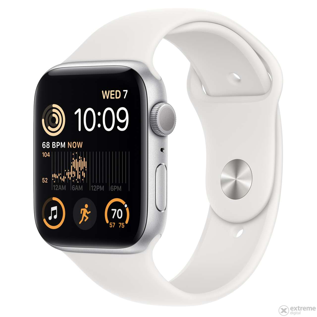 Apple Watch SE2 GPS, 44mm, stříbrné hliníkové pouzdro, s bílým sportovním páskem