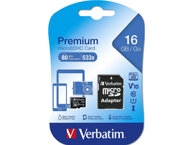Verbatim Premium 16GB microSDHC memóriakártya + adapter, Class 10 (44082)