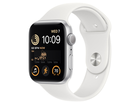 Apple Watch SE2 GPS, 44mm, stříbrné hliníkové pouzdro, s bílým sportovním páskem