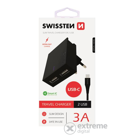 Swissten 2xUSB mrežni brzi punjač/adapter, 3A, crni + Type-C kabel