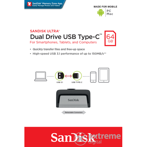 SanDisk Cruzer® Ultra® DUALTM USB memorija 3.1 + USB TYPE-C  64 GB