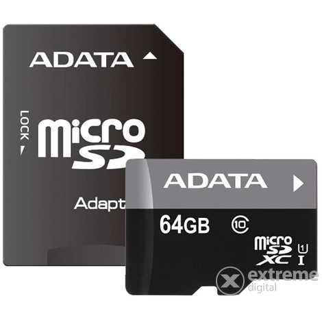 Adata 64GB microSDHC memóriakártya + adapter Class 10, UHS-I (AUSDX64GUICL10-RA1)