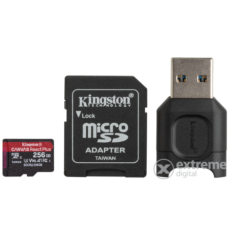 Kingston Canvas React Plus 256GB micro SDXC memóriakártya + adapterrel,kártyaolvasóval Class 10, UHS-II,U3,MLPMR2/256GB)
