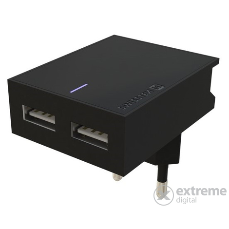 Swissten hálózati gyorstöltő adapter 2 x USB aljzat, 3A, fekete