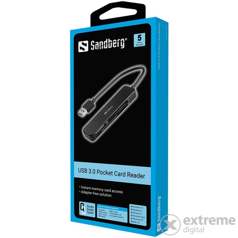 Sandberg Kártyaolvasó - USB 3.0 Pocket Card Reader (USB-A 3.0, SD/SDHC/SDXC/MS/MMC/T-Flash/MicroSD)