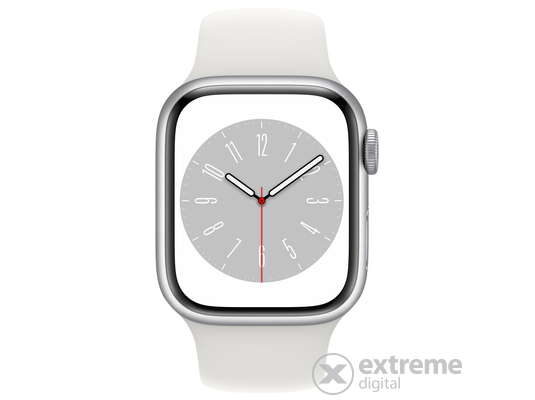 Apple Watch Series 8 GPS, 41mm, Ezüst alumínium tok, Fehér sportszíjjal